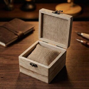Peut inclure: Boîte à montre en bois ouverte, révélant un intérieur en lin marron clair et un petit coussin. La boîte est en bois clair et possède un fermoir en métal. Un carnet en cuir et des stylos sont en arrière-plan.
