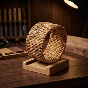 Op de afbeelding: Een geweven rotan armband op een houten standaard. De armband is lichtbruin en heeft een dikke, afgeronde vorm. De standaard is gemaakt van lichtgekleurd hout en heeft een rechthoekige basis met een groef om de armband vast te houden.