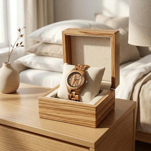 May include: A wooden wristwatch with a matching wooden strap sits on a cream cushion inside a wooden box. The watch face has a light brown wood grain pattern. The box is open, revealing a light beige interior.