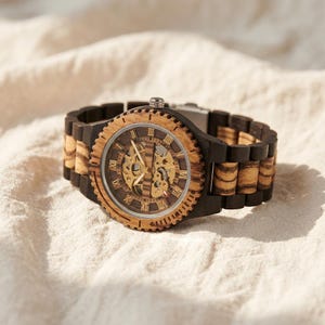 Wooden Mechanical Watch for Men, Automatic Skeleton Watch, Roman Numeral Wood Watch, Adjustable Wood Bracelet, Luxury Men's Wristwatch Gift
