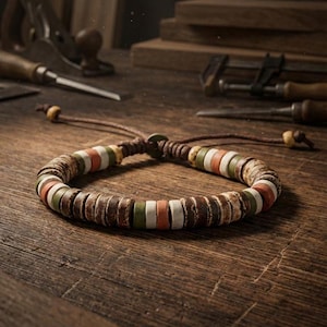 Peut inclure: Un bracelet artisanal à l'esthétique naturelle et terreuse. Le bracelet est composé d'une série de perles rondes et plates dans les tons marron, blanc, orange et vert. Les perles sont enfilées sur un cordon marron, créant un style bohème décontracté. Le bracelet est posé sur une surface en bois.