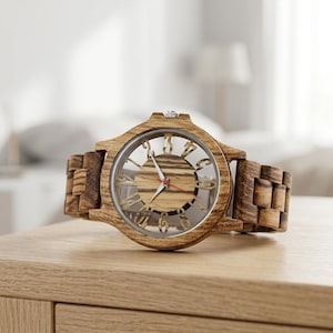 Peut inclure: Une montre-bracelet fabriquée en bois rayé brun clair et foncé. Le cadran rond présente un fond en grain de bois assorti avec de grands chiffres arabes découpés, des aiguilles argentées et une fine trotteuse rouge sur un bracelet à maillons.