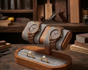 Wood Watch & Bracelet Display Stand – Solid Walnut Jewelry Organizer with Microfiber Cushions, Ring Tray, Countertop Showcase