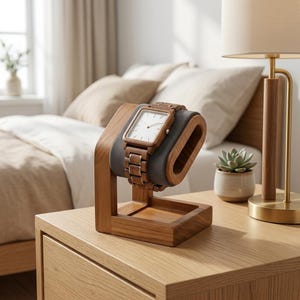 May include: A wooden watch stand displaying a square-faced wooden watch. The watch features a light-coloured face and a brown wooden strap. The stand is made of wood and has a grey cushion. The stand is on a wooden bedside table.