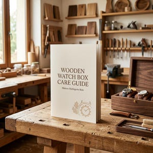 Peut inclure: Un livre intitulé "Wooden Watch Box Care Guide" est posé sur un établi en bois. Le livre est à côté d'une boîte à montres en bois contenant plusieurs montres. L'atelier comprend des outils et des planches de bois.