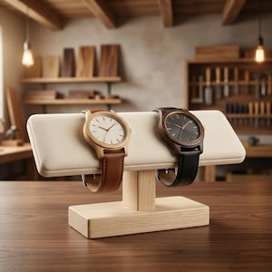 Peut inclure: Deux montres-bracelets présentées sur un support en T en bois clair. La montre de gauche possède un boîtier en bois clair, un cadran blanc et un bracelet en cuir marron. La montre de droite a un boîtier en bois foncé, un cadran noir et un bracelet en cuir noir.