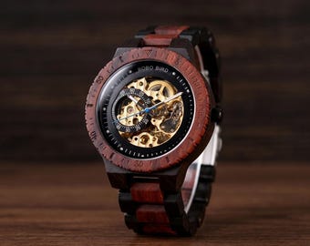 Wooden Mechanical Watch for Men | Skeleton Dial Luxury Wood Watch | Automatic Self-Winding | Unique Gift for Him