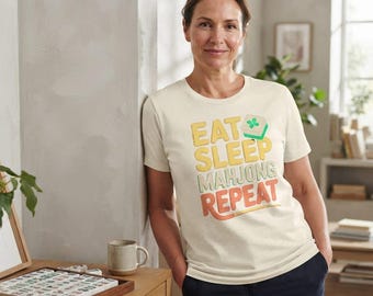 食べて寝て麻雀を繰り返すシャツ、面白い麻雀好きのゲームナイトTシャツ