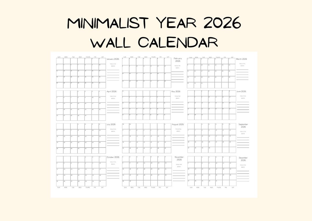 2026 Year at A Glance Wall Calendar Printable, A1 A2 Large Minimal Wall ...