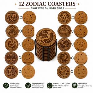 May include: Set of 12 zodiac coasters made of natural cork, engraved on both sides. Each coaster features a different zodiac symbol and constellation design. The coasters are displayed in a black metal holder. Text on the image reads "12 ZODIAC COASTERS ENGRAVED ON BOTH SIDES."
