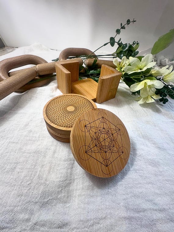 Bamboo Coaster Set of 4 – Spiritual Geometric Table Decor – Laser Engraved Sacred Art