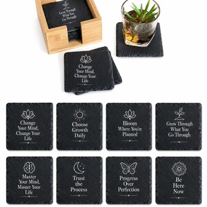 Set of 8 Laser Engraved Slate Coasters with Bamboo Holder, Inspirational Quotes Home Decor