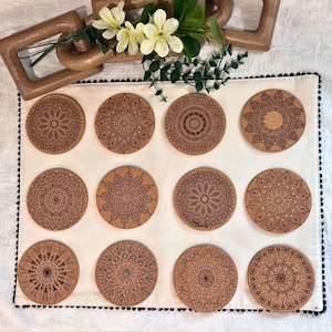 Laser Engraved Cork Mandala Coasters Set | Boho Home Decor, Metal Holder Included