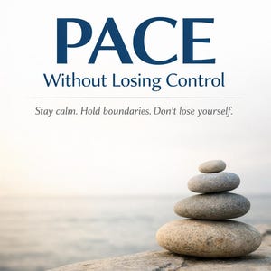 May include: Image with the word "PACE" in large, dark blue letters, followed by "Without Losing Control." Below, a stack of smooth, gray stones sits on a stone surface, with the ocean in the background. Text at the bottom reads "Calm in the Chaos."