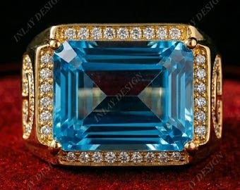メンズ ブルートパーズリング、14Kソリッドゴールド婚約指輪、12月の誕生石