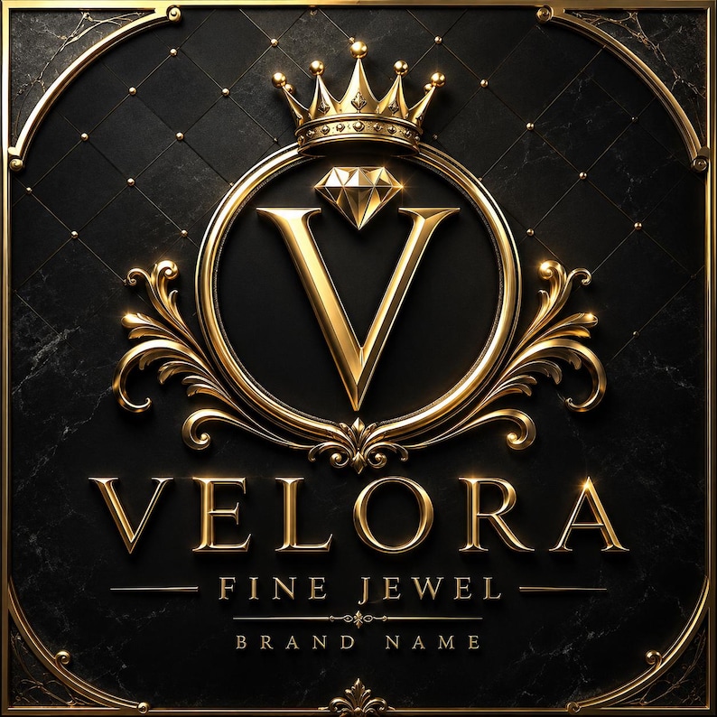 May include: A square logo featuring a gold crown above a diamond and the letter V inside a circular frame. Ornate gold filigree surrounds the circle against a black marble background. The text reads VELORA FINE JEWEL BRAND NAME in gold.