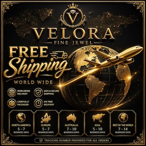 May include: A black and gold graphic featuring the text VELORA FINE JEWEL, FREE SHIPPING WORLD WIDE, and a golden airplane flying over a globe. It includes icons for delivery, packaging, and a table listing shipping times for various regions.