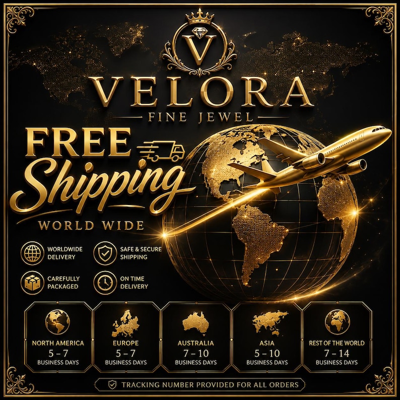 May include: A black and gold graphic featuring the text VELORA FINE JEWEL, FREE SHIPPING WORLD WIDE, and a golden airplane flying over a globe. It includes icons for delivery, packaging, and a table listing shipping times for various regions.
