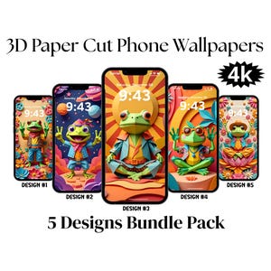 Könnte beinhalten: Fünf Smartphone-Hintergrundbilder mit 3D-Papier-Schnitt-Designs. Jedes Design zeigt eine Froschfigur in leuchtenden Farben, mit der Uhrzeit 9:43. Der Text "3D Paper Cut Phone Wallpapers" und "5 Designs Bundle Pack" sind ebenfalls sichtbar.