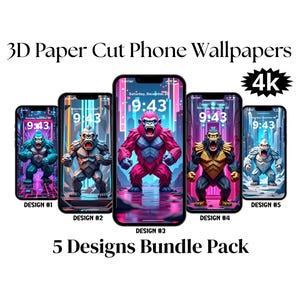 Puede incluir: Cinco fondos de pantalla para smartphones con diseños de gorilas en papel 3D de varios colores. Los teléfonos muestran la hora 9:43. También se ve el texto "3D Paper Cut Phone Wallpapers" y "5 Designs Bundle Pack".
