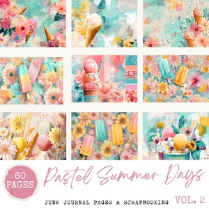 Peut inclure: Un collage de neuf impressions d'art numérique sur le thème de l'été pastel. Les images présentent des cornets de glace, des glaces à l'eau et des compositions florales dans des tons de rose, de jaune et de turquoise. Le texte comprend "Pastel Summer Days" et "60 Pages."