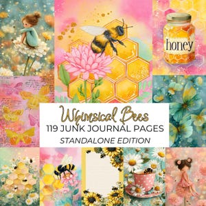 Könnte beinhalten: Eine Collage aus skurrilen Illustrationen mit Bienen, Blumen und Schmetterlingen. Der Text "Whimsical Bees 119 Junk Journal Pages Standalone Edition" wird angezeigt. Das Kunstwerk hat einen Aquarellstil mit sanften Farben.