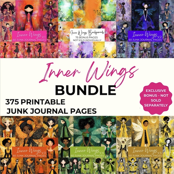 Whimsical Fairies Inner Wings scrapbook junk journal filler pages, digital grunge floral boho vibe, decoupage printable paper kit BUNDLE