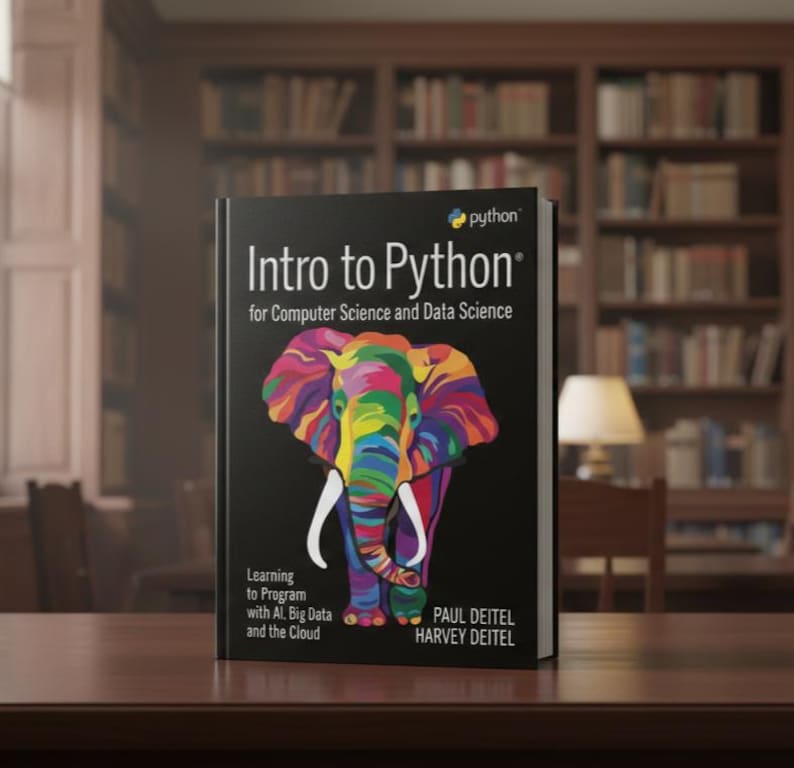 May include: A hardcover book titled "Intro to Python" for computer science and data science. The cover is black with a colorful elephant illustration. The book also includes the text "Learning to Program with AI, Big Data and the Cloud."