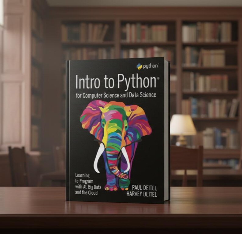 May include: A hardcover book titled "Intro to Python" for computer science and data science. The cover features a colorful elephant illustration. The book also includes the text "Learning to Program with AI, Big Data and the Cloud."