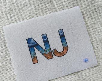 State Letter Beach Themed Needlepoint Canvas |  Hand Painted 18 Mesh Canvas | Custom State Beach Themed Canvas | East Coast Theme
