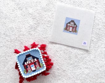Mini USA House Needlepoint Canvas | Hand-Painted 3 Inch Ornament on 18 Mono Mesh