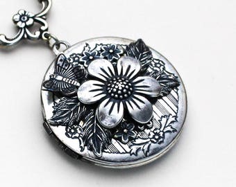 Butterfly Necklace, Floral Jewelry, Flower Necklace Locket, Locket Pendant Photo Locket, Flower Locket Necklaces For Women, Silver Locket