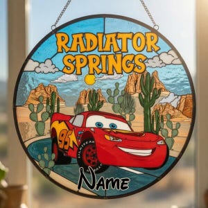 Custom Name Radiator Spring Lightning McQueen Cars Suncatcher, Disneyland Stained Glass Suncatcher, Cars Window Hanging, Cars Birthday Gift 画像 1