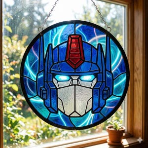 Optimus Prime Transformer Suncatcher, Optimus Prime Transformer Glass Art, Transformers Inspired Stained Glass Suncatcher, Robot Movie Decor