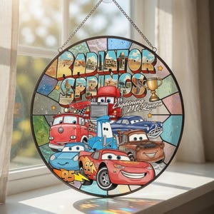 Radiator Springs Stained Glass Suncatcher, Lightning McQueen Radiator Springs Racers Window Hanging, Disneyland Cars Vacation Suncatcher image 1