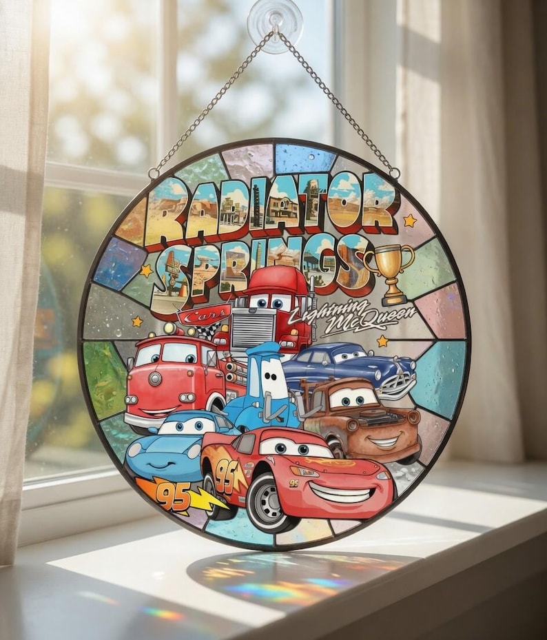 Radiator Springs Stained Glass Suncatcher, Lightning McQueen Radiator Springs Racers Window Hanging, Disneyland Cars Vacation Suncatcher image 1