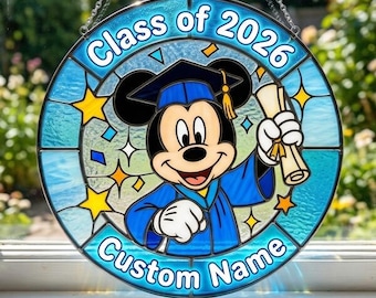Custom Mickey Graduation Glass Suncatcher, DisneyGraduation Mickey Suncatcher, Mickey Mouse Window Hanger, Class Of 2026 Suncatcher Gift