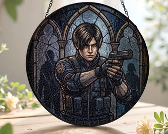 Leon Kennedy Resident Evil 9 Stained Glass Suncatcher, Resident Evil Requiem Suncatcher, Resident Evil Horror Game Fan Room Decoration