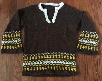 1970s sweater, tunic sweater, large sweater, vintage sweater, 70s cozy sweater, brown yellow sweater, bell sleeves, chunky knit sweater