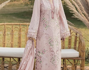 Traje de césped rosa bordado, Salwar Kameez pakistaní para mujer, vestido Chikankari floral con dupatta