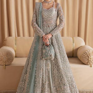 green emerald velvet dress Engagement Dresses For Women: Shop Gray Anarkali Gown