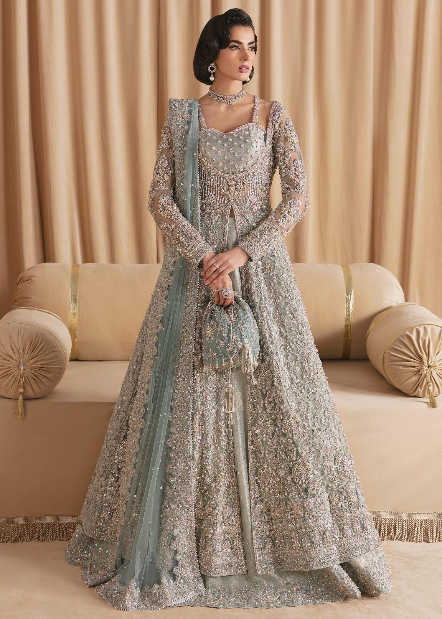 green emerald velvet dress Engagement Dresses For Women: Shop Gray Anarkali Gown – HATKE BRIDE main image 1