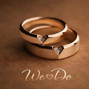 May include: Two rose gold wedding rings with a heart-shaped design, each embedded with small diamonds. The rings are stacked on top of each other, with the words "We Do" in a cursive font at the bottom.