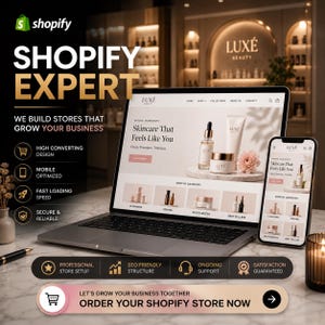 May include: A laptop and smartphone showcase a skincare website with the text "Skincare That Feels Like You." The image promotes Shopify services, with text including "Shopify Expert" and "Order Your Shopify Store Now."