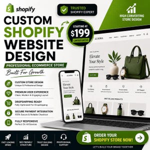 Op de afbeelding: Promotieafbeelding voor Shopify website design services. Het ontwerp toont een laptop en smartphone met een website, met tekst die functies zoals aangepast ontwerp, veilige betaling en dropshipping benadrukt. De startprijs is €183.