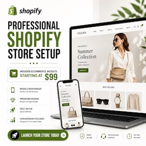 Puede incluir: Imagen promocional para los servicios de configuración de tiendas Shopify. La imagen presenta una computadora portátil y un teléfono inteligente que muestran un diseño de sitio web, con el texto "Configuración profesional de la tienda Shopify" y "Desde $99".