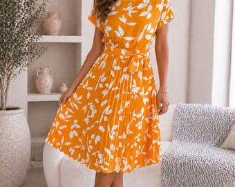 Floral Midi Dress Women, Summer A Line Dress, Short Sleeve High Waist Dress, Flowy Pleated Dress, Chic Vacation Outfit, Elegant Day Dress