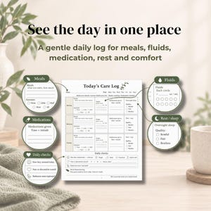 May include: A white paper Today's Care Log with black text and green accents. The form includes sections for meals, fluids, medications, rest, and daily checks. It features checkboxes and lines for tracking daily health information and personal notes.
