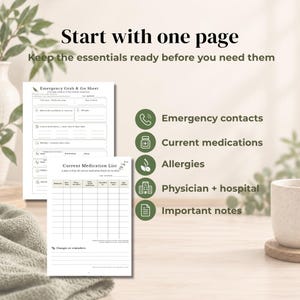May include: Two white printed sheets titled Emergency Grab & Go Sheet and Current Medication List. The text includes Start with one page, Keep the essentials ready before you need them, and lists for emergency contacts, medications, and allergies.
