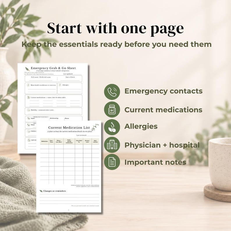 May include: Two white printed sheets titled Emergency Grab & Go Sheet and Current Medication List. The text includes Start with one page, Keep the essentials ready before you need them, and lists for emergency contacts, medications, and allergies.